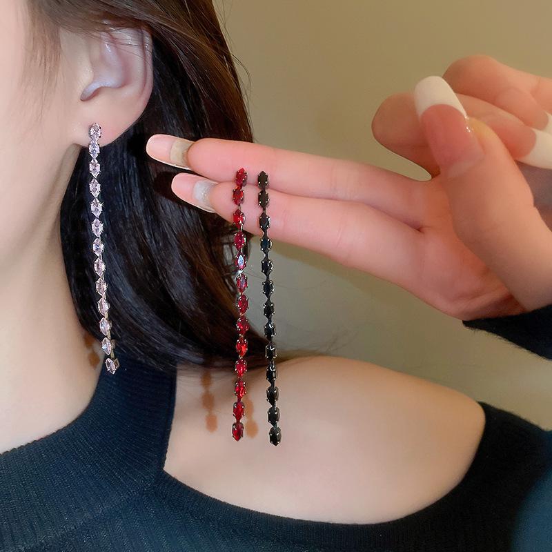 Silver Needle Cubic Zirconia Tassel Stud Earrings - Elegant and Exquisite Niche Design for Women