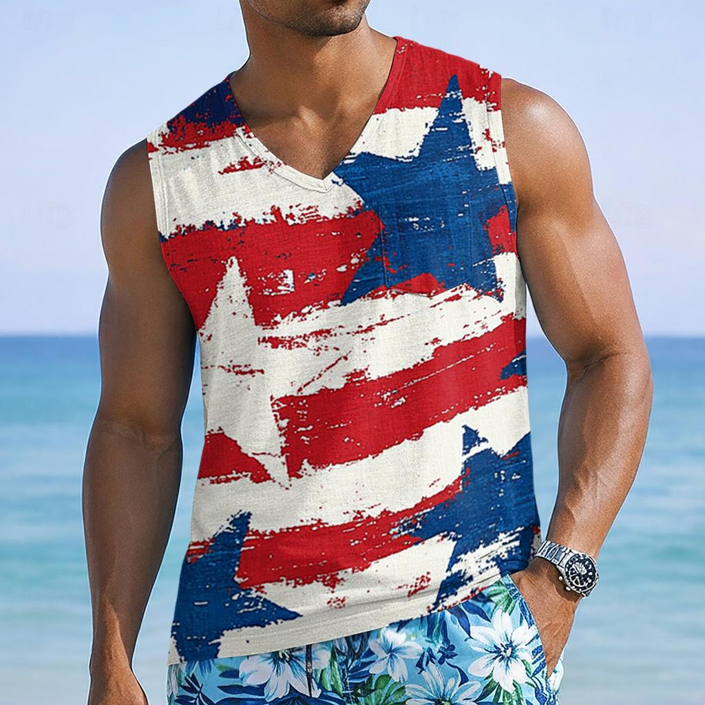 Men's Sleeveless V Neck Tank Top with Abstract Star and Stripe Print Casual Loose Fit Lightweight Shirt for Summer