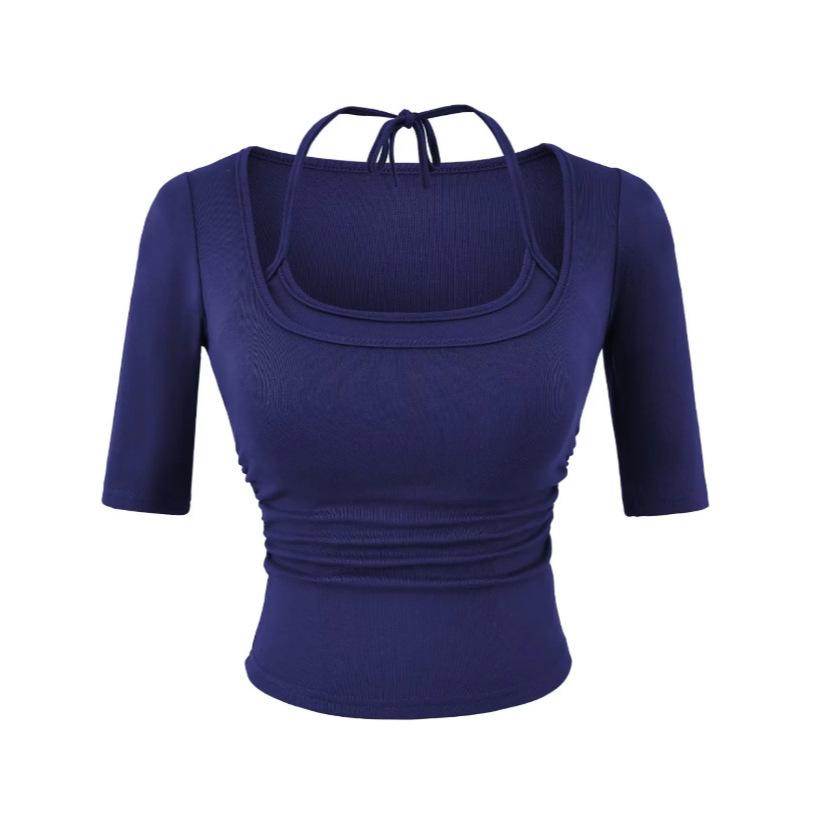 Fake two pieces neck middle sleeve T-shirt women's summer new American Spice Girl style solid color slim fit top with chest pad