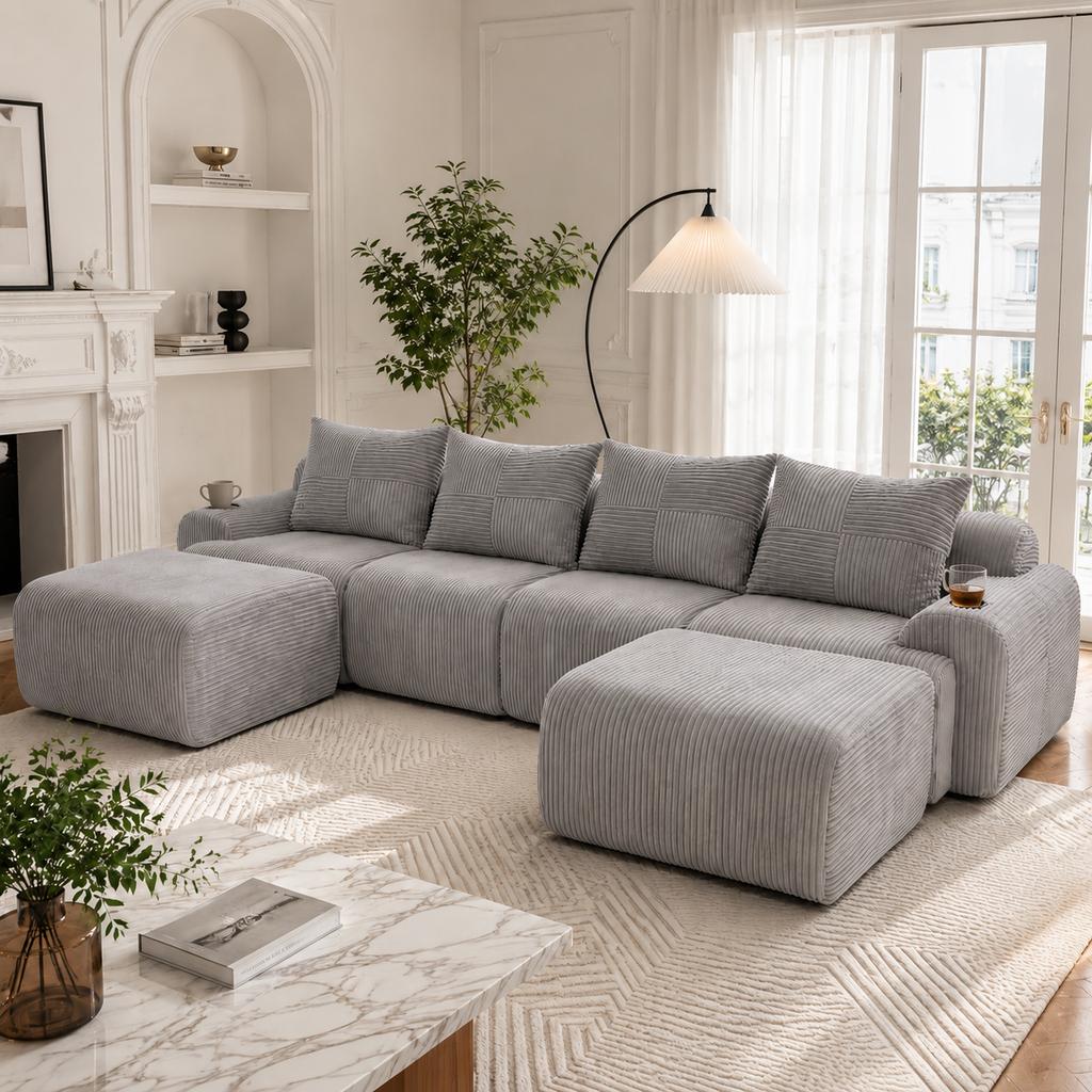 Modular Corduroy Sofa for 4 People (with 2 Stools), Freely Combinable, Including Drink Holder and Storage Pocket, Ideal for Living Room. Light Gray