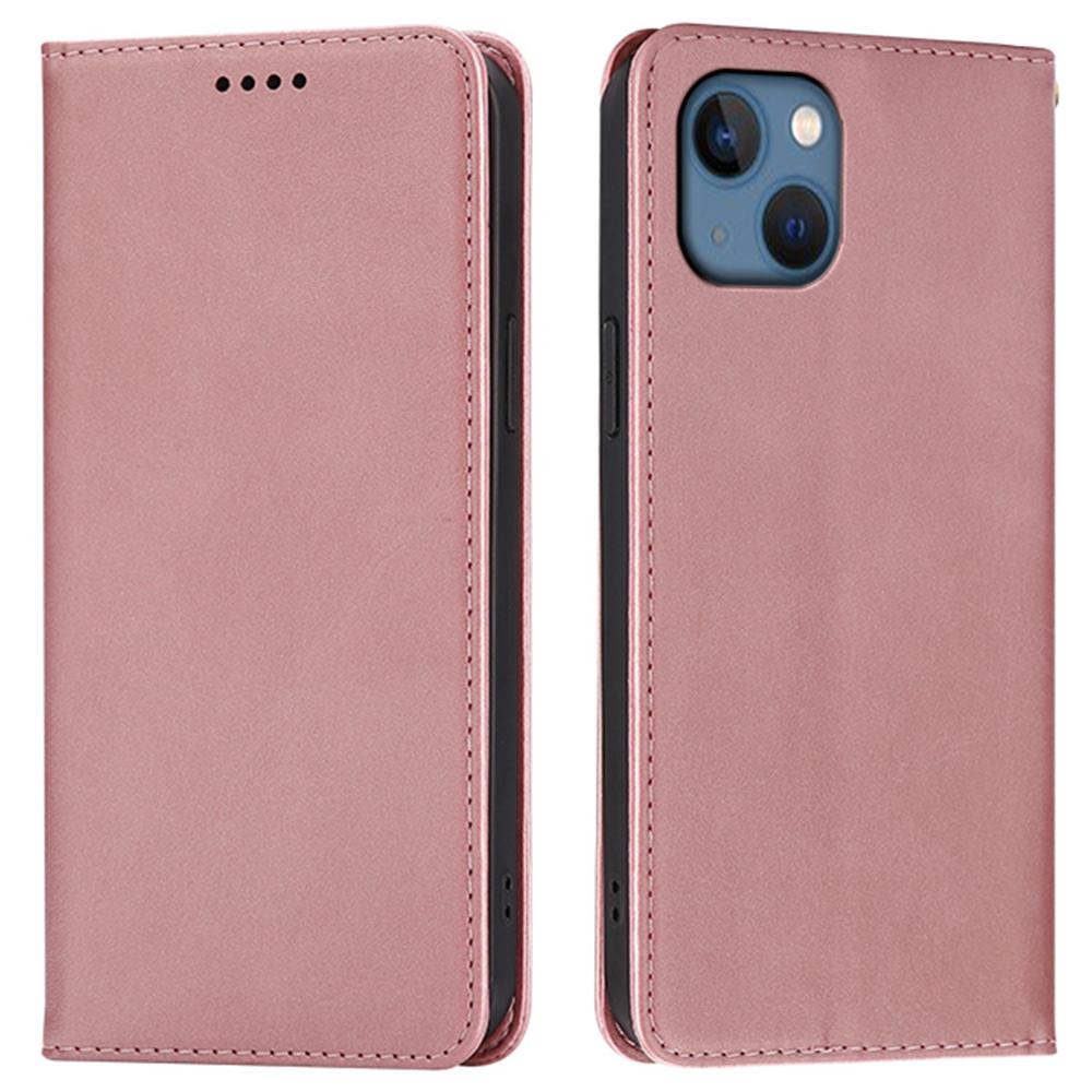 

For iPhone 15 Case Wallet Calf Texture Leather Phone Cover with Hidden Magnetic Closure Rose Gold