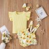 Toddler Baby Girls Solid Tops+Sunflower Floral Printed Suspender Shorts Outfits