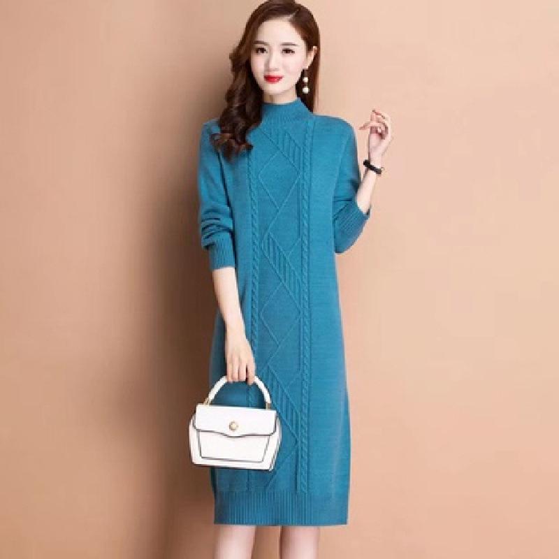 

Женское шерстяное вязаное платье-свитер - свободный крой, теплое, перекрученный дизайн, большой размер One Size синий