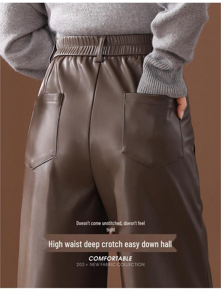 Damskie spodnie ze skóry jagnięcej z wysokim stanem i szerokimi nogawkami - Trend Jesień/Zima 2025