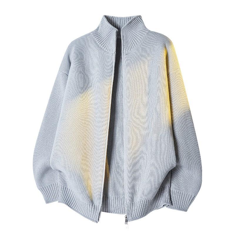 Mens Stand Collar Zip-Up Knit Cardigan Casual Comfortable Sweater Loose Fit Long Sleeve Fall Winter