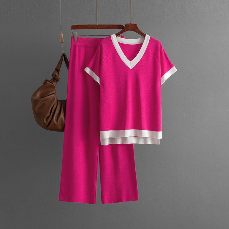 Simple and Fashionable Collar Short-sleeved Knitted Sweater High Waist and Thin Drape Trousers Contrasting Color Knitted Two-piece Set