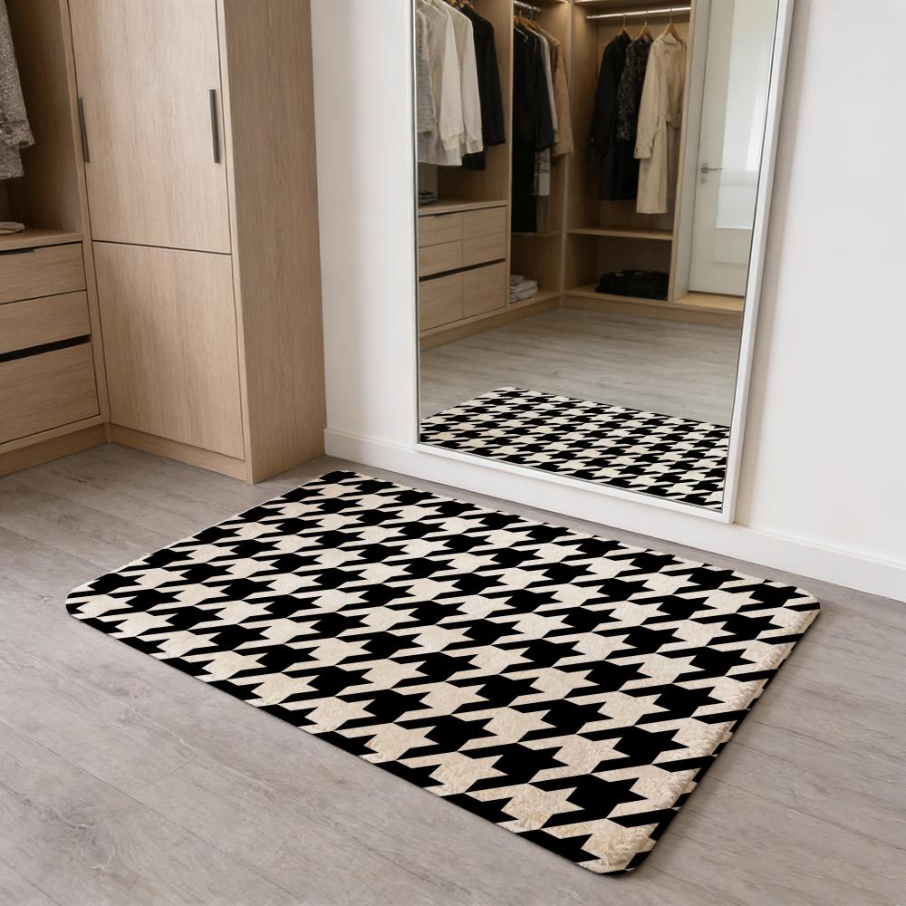 Houndstooth Check Pattern Floor Mat Flannel Door Mat Non-Slip Absorbent Washable Indoor Home Rug