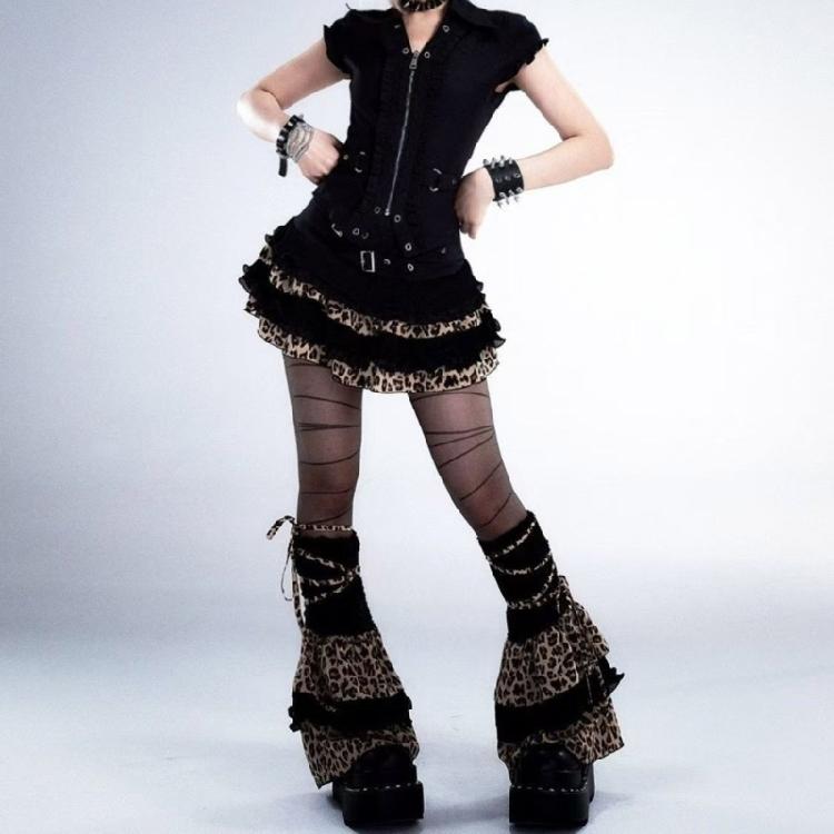 Harajuku Punk Tiered Ruffle Leg Wrap Cover with Ties Bandages Stretch Flared Leg Warmers Footless Long Socks for Women