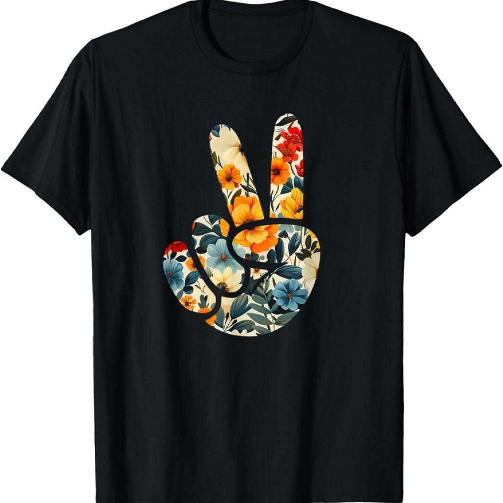 Elegant Silhouette Wildflowers Floral Peace Sign Hand T-Shirt(65)