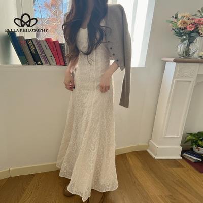 Frühling Sommer Neue Koreanische Stil Minimalistischen Elegante Lazy Chic Romantische Spitze Sling Taille Abnehmen Fischschwanz Kleid