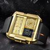 Oulm Men's Square Dial Waterproof Sport Watch with Multifunctional Features and Gold Leather Strap