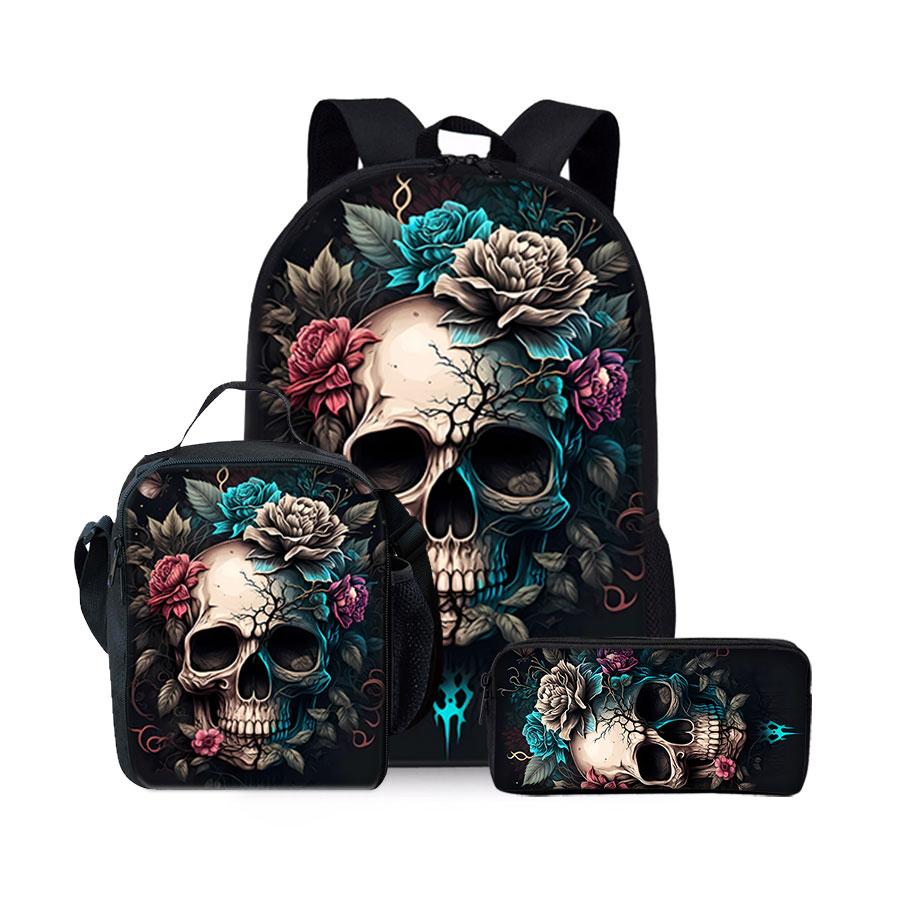 Nouveau Set Trois Pièces Motif Crâne Sacs à Dos pour Garçon et Filles Meilleurs Cadeaux Sac à Dos Scolaire Plat 2D Dessin Animé pour Enfants black