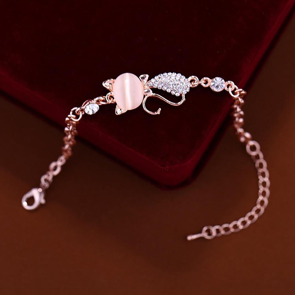 Lovely Cat Pendant Women Ladies Opal Crystal Stone Bangle Bracelet Chain Charm Jewelry