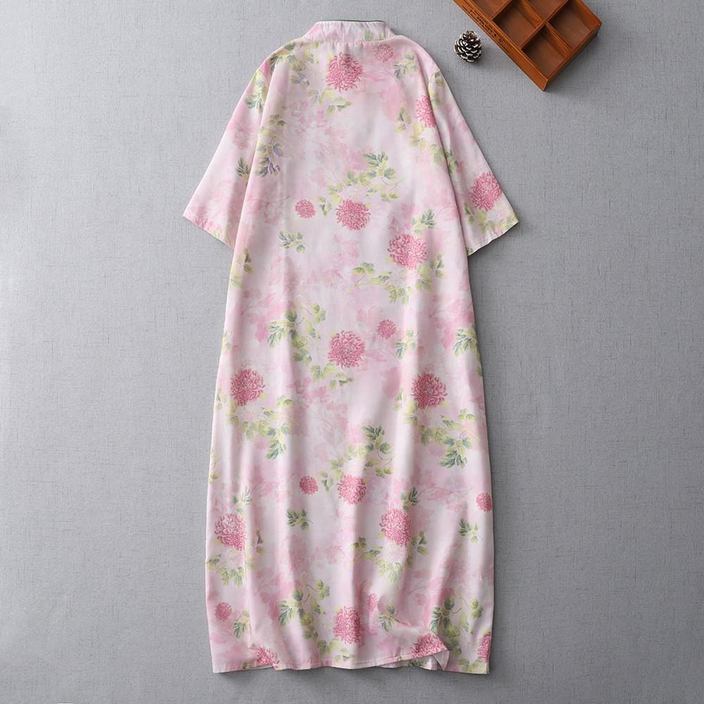 National style new Chinese women's cheongsam dress women's retro printing stand-up collar diagonal placket buckle horn sleeve long dress