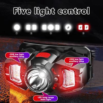 Lauko LED galvos žibintas, išmanusis jutiklis, dvigubas šviesos šaltinis, galvos apdangalas, 10-15 val., žvejybos šviesa