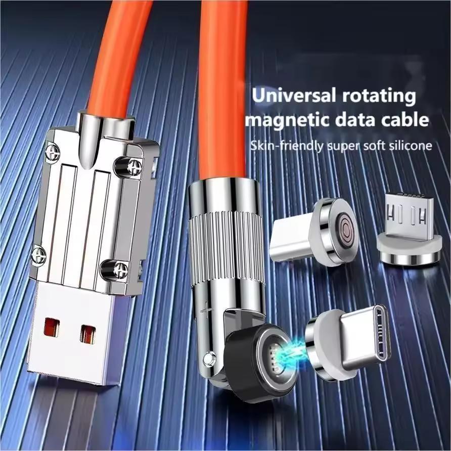 6A 3 1 Magnetic Fast Charger Cable 540 Degree Rotation Head 120W Silicone Data Charging Cable for iPhone Samsung Printer Use