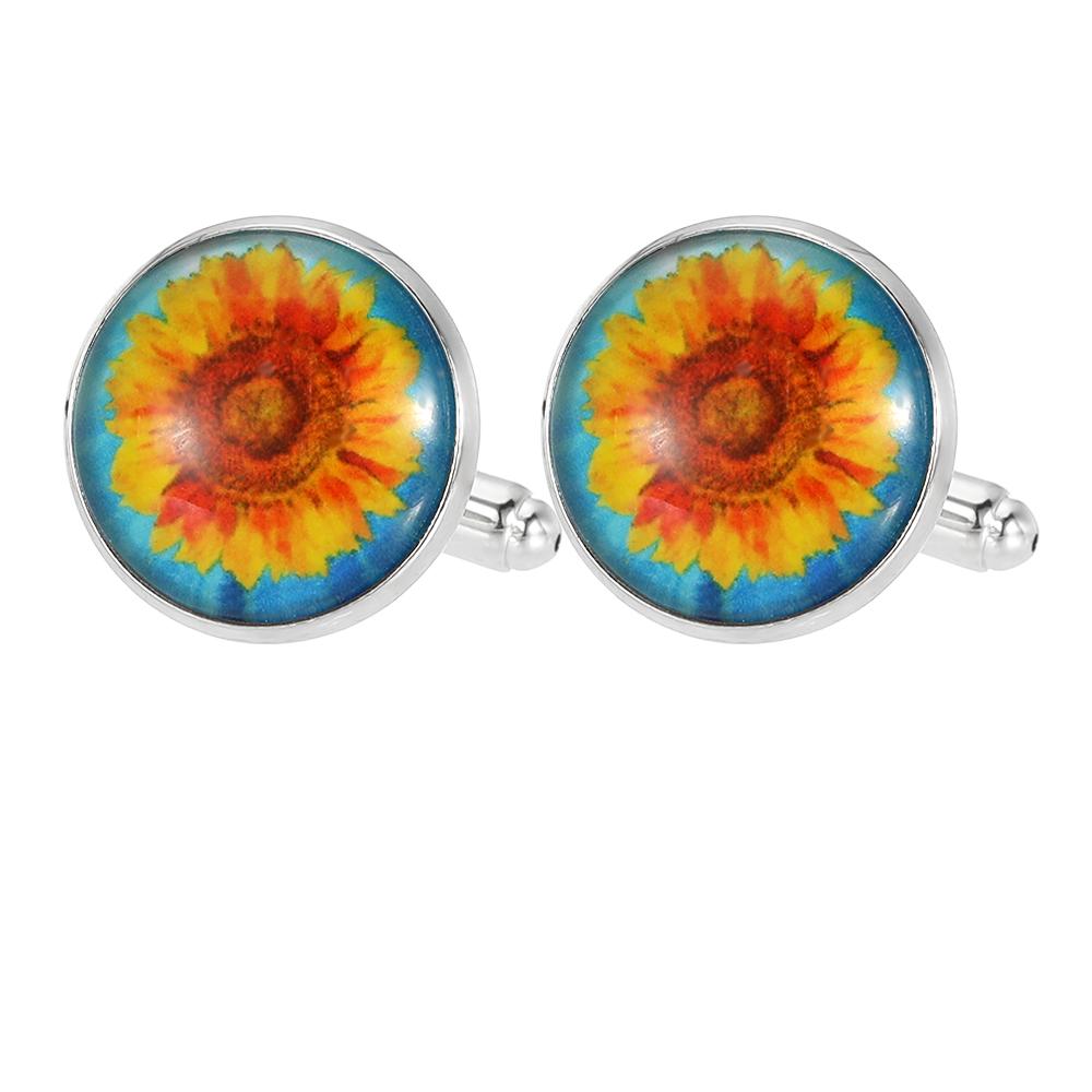 

New Sunflower Pattern Round Cufflinks Mens Time Gem Flower Tie Clip