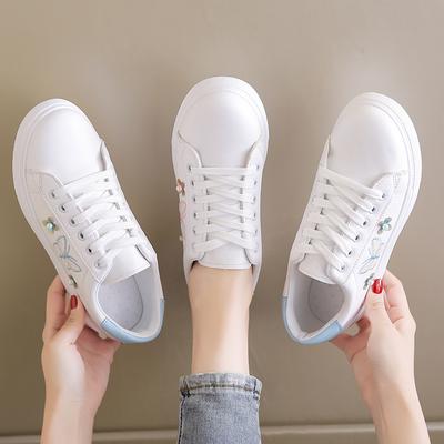 Damen Laufschuhe Frühling Herbst Mode Weiß Atmungsaktiv Bestickt Blume Schnürschuhe Lässige Sneaker Zapatos De Mujer