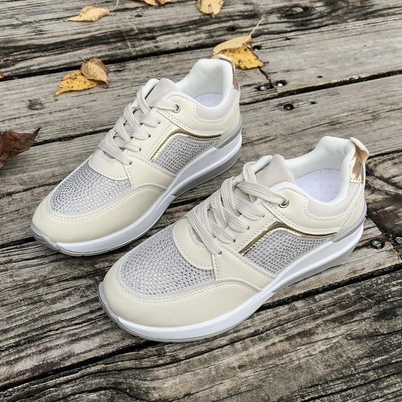 

Большие размеры, спортивная женская обувь для отдыха, весна и лето, новые повседневные туфли на толстой подошве с покатым каблуком, со шнуровкой, со стразами, спортивная модная обувь 39 бежевый