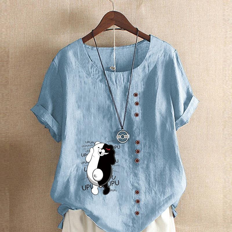 Women's Fashion Round Neck Short Sleeve T-shirt Casual Cotton Linen Graphic Shirt Leisure Loose Black and White Bear Prined Summer Blouse Tops