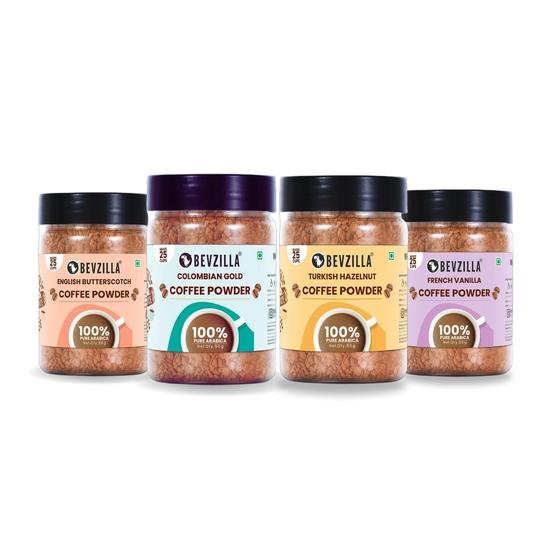 

Bevzilla 50 грамм X 4 пакетика ароматизированного растворимого кофе. Коробка с ароматами Colombian Gold, Фундук, Ваниль | Идеально для эспрессо, латте и капучино