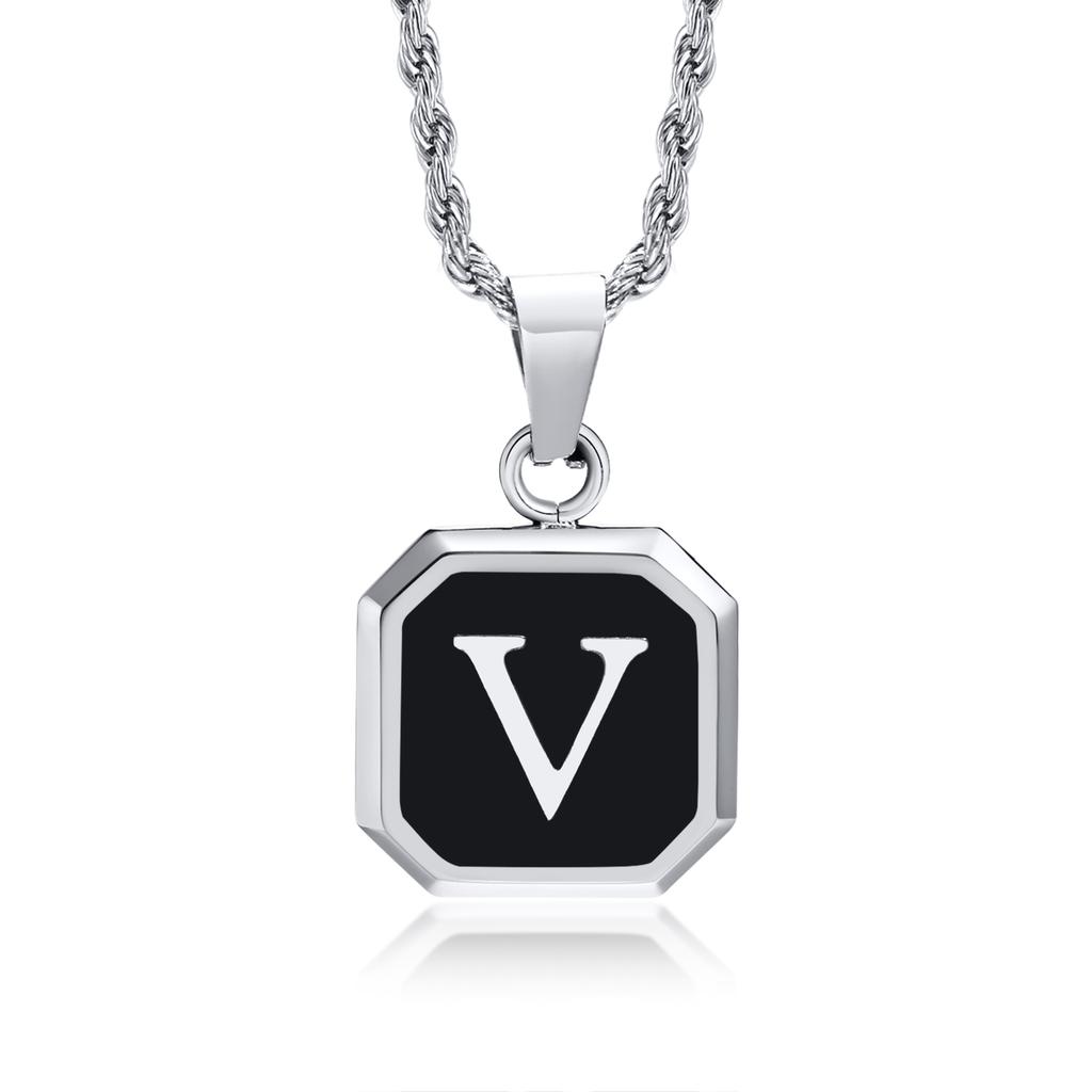 Initials Necklaces for Men Women,A-Z 26 Letters Black Square Stainless Steel Pendant Collar,45-60CM Twisted Rope Chain Gifts