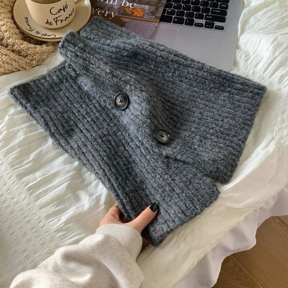 

Теплый зимний вязаный женский шарф, модный дизайн, полосатая однотонная шерстяная пряжа, шарфы с волшебным кольцом, кашемировые буфанды, глушитель серый