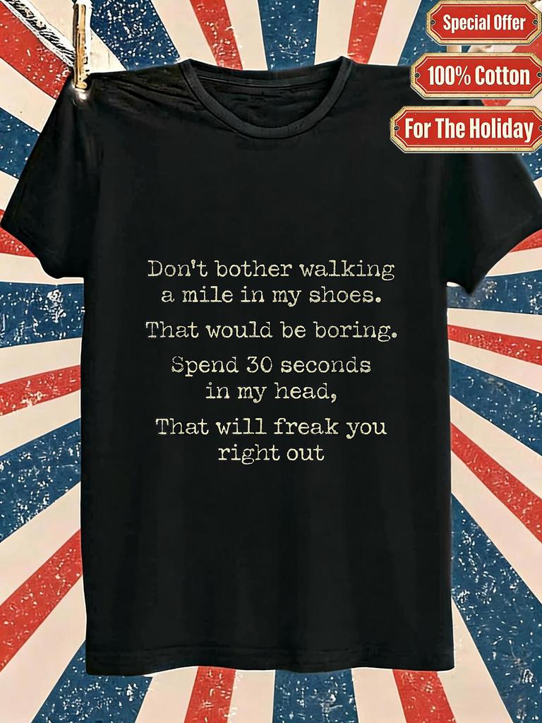 Black T-shirt with Golden text on a red, white, and blue striped background. Soft Breathable Casual Fashion Trendy Classic Stylish Crew Neck Short Sle
