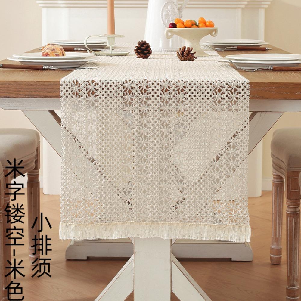 Vintage Linen Cotton Christmas Table Runner American Style Lace Weave Fringe Holiday Decoration