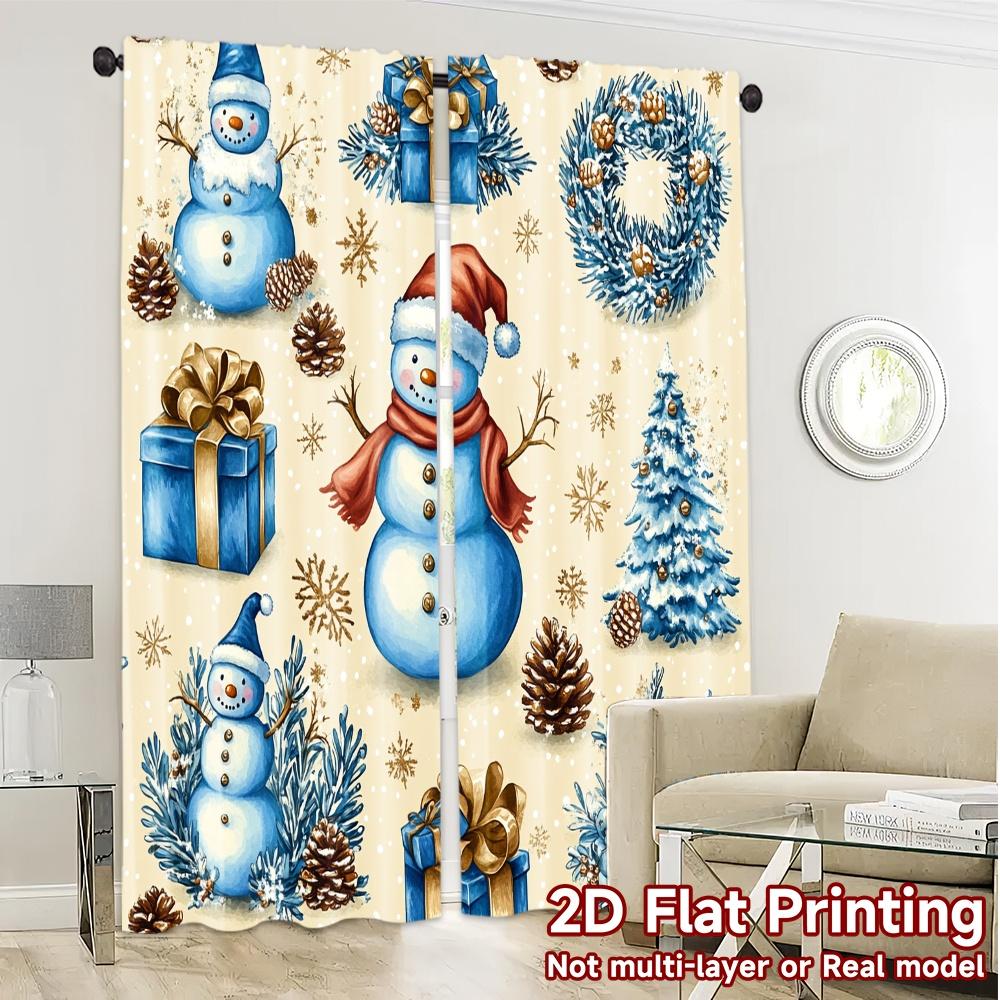 2pcs,Curtains Cute Snowman Christmas Wreath Festive Season Chic Minimalist Curtains Polyester Easy Install Curtains All Seasons
