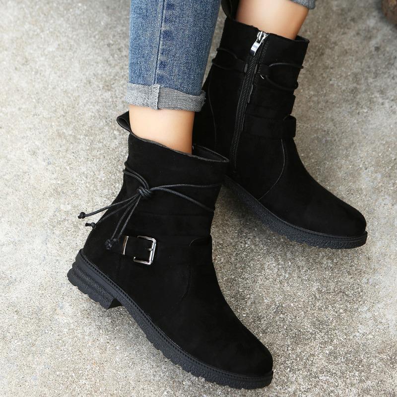 Fall/Winter New Arrival Round-Toe Side-Zip Low-Heel Oversized Short Boots Flat-Sole Buckle-Fastening Suede Martin Boots