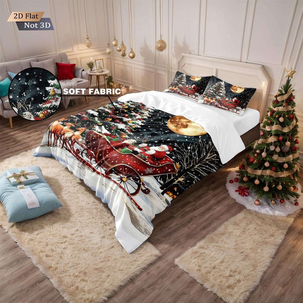 3pcs Santa Claus Reindeer Red Print Coreless Duvet Set Multi Size Bedroom Bedding Holiday Decoration Soft Machine Washable