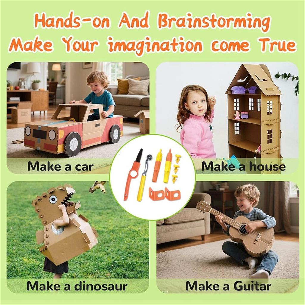 A78U Cardboard Tools for Kids with Cutter &Tool Box, 150 PCS Cardboard Construction Kit for Family & Team Activities