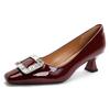 High Heels Women's Thin Heel Red Wedding Shoes 2025 New French Square Head Medium Heel Women's Shoes Rhinestone Square Buckle Small Heel Shoes
