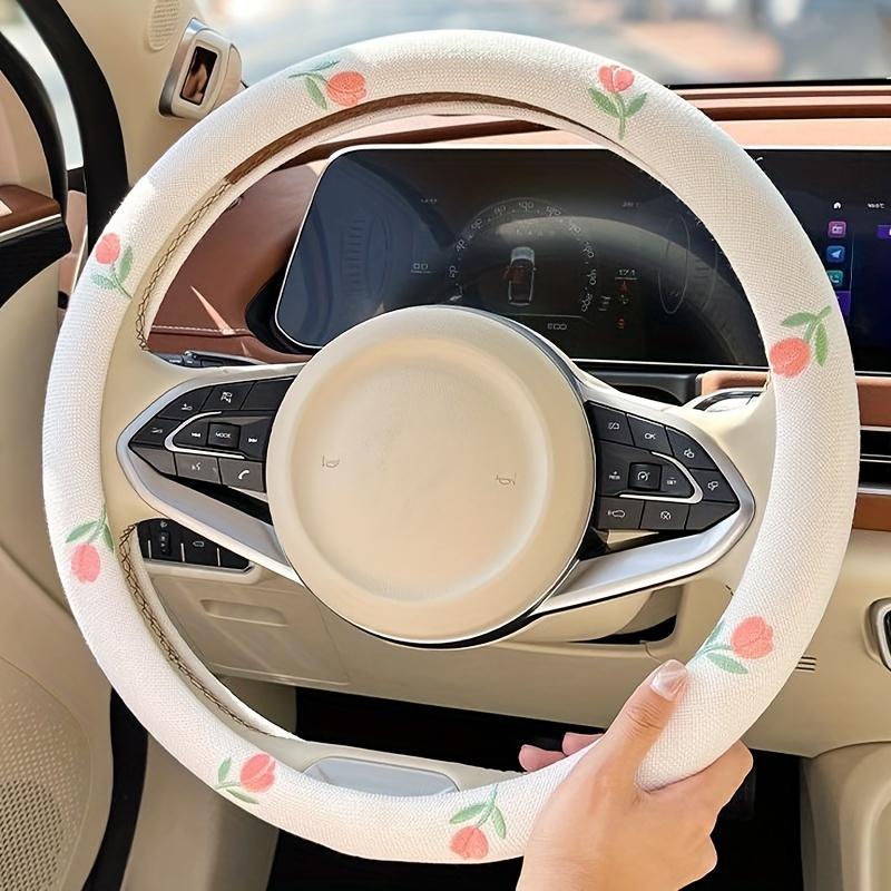 2pcs Cotton and Linen Embroidered Tulip Car Steering Wheel Cover Auto Parts - Anti-Slip, Wear-Resistant, Sweat Absorbing