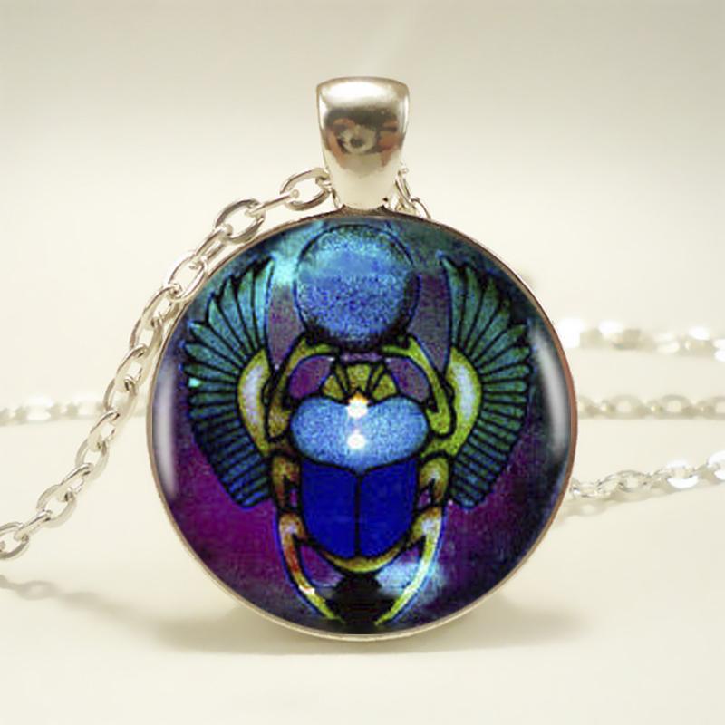 

Древнеегипетское ожерелье с подвеской в ​​виде жука-скарабея, винтажное художественное ожерелье со стеклянным кабошоном для женщин, ювелирные изделия Silver&50CM