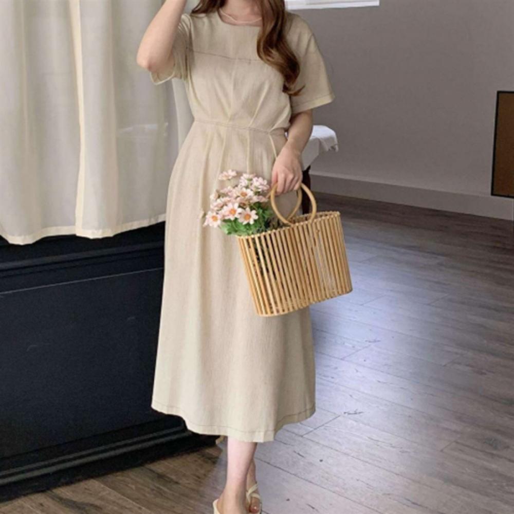 New Arrivals Open Run Women Pin Tuck Long Dress Classic Linen Short Sleeve Aline