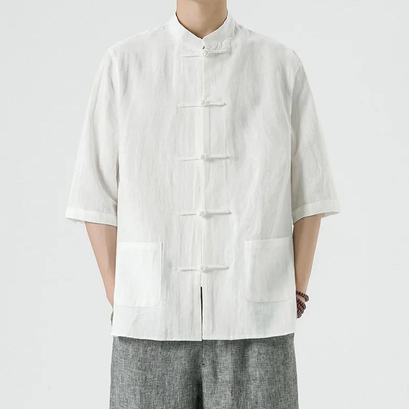 Chinese Style Mens Linen Summer Shirt Retro Stand Collar Half Sleeve Chinese Kong Fu Suit Men Hanfu