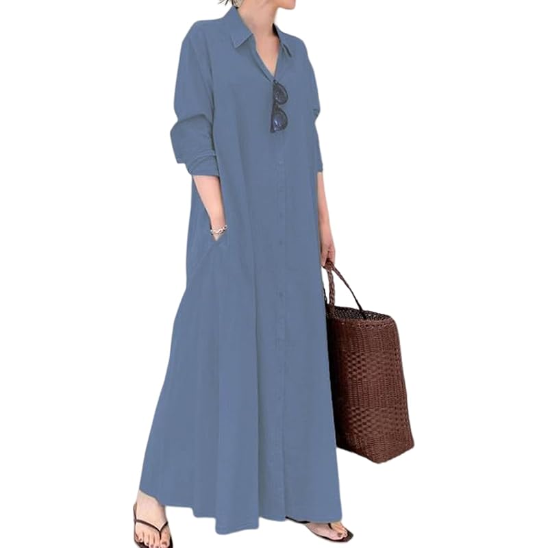 

[Luxe Relax] long one piece ladies maxi length long sleeve shirt tunic Relaxing body shape cover spring and autumn pajamas blue 5S-L01-BLL