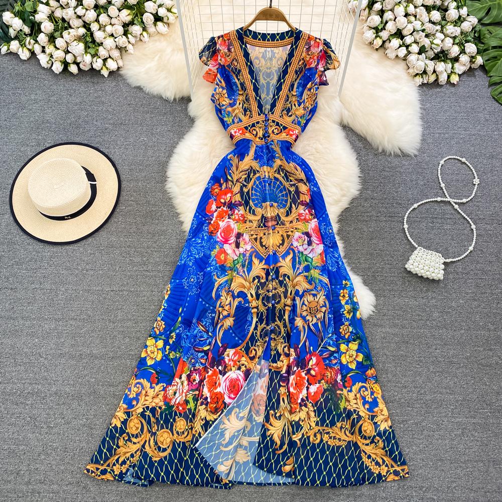Fashion Runway Print Summer Dresses For Women Deep V Neck Flying Sleeve Single Breasted Split Long Pleated Chiffon Dresses