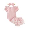 Adorable Baby Girl Summer Outfit Stylish Ribbed Short Sleeve Romper with Plaid Skort Headband 3Pcs Set for Your Little