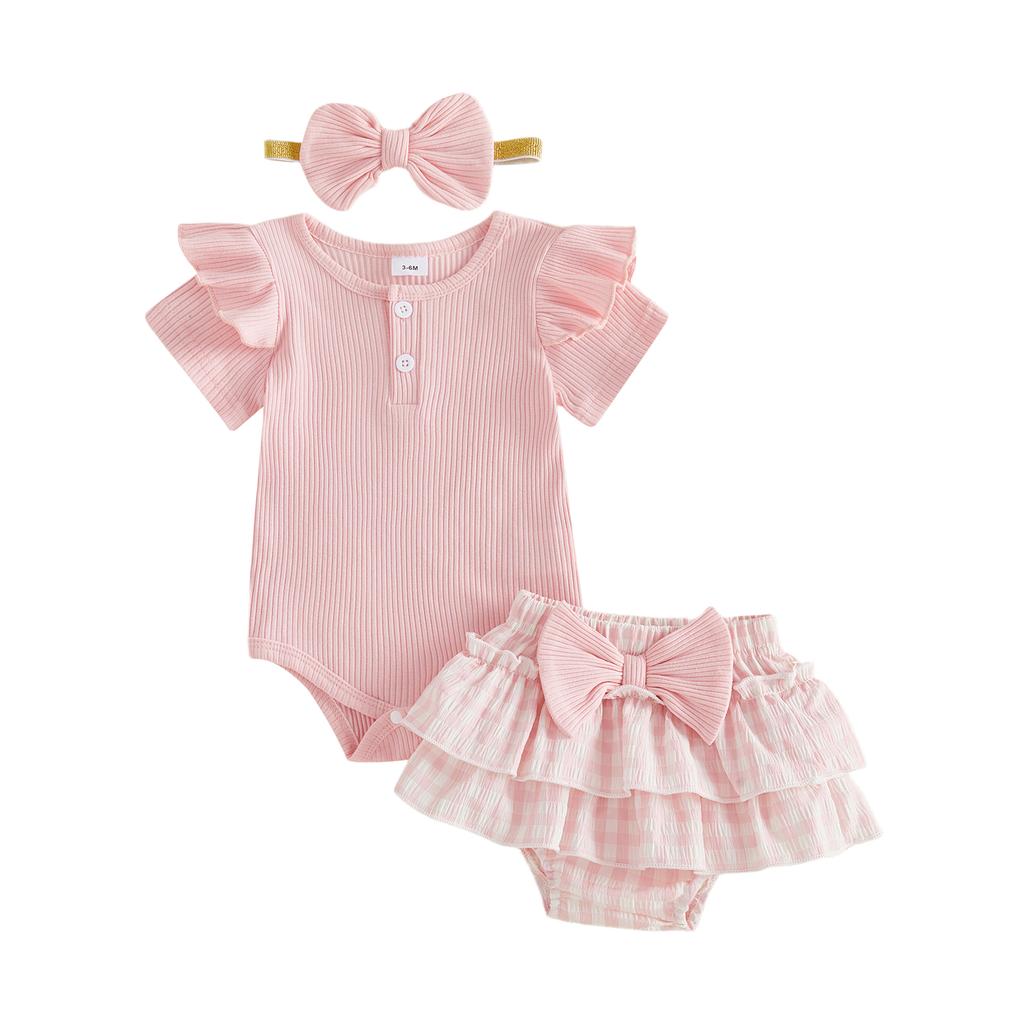 Adorable Baby Girl Summer Outfit Stylish Ribbed Short Sleeve Romper with Plaid Skort Headband 3Pcs Set for Your Little