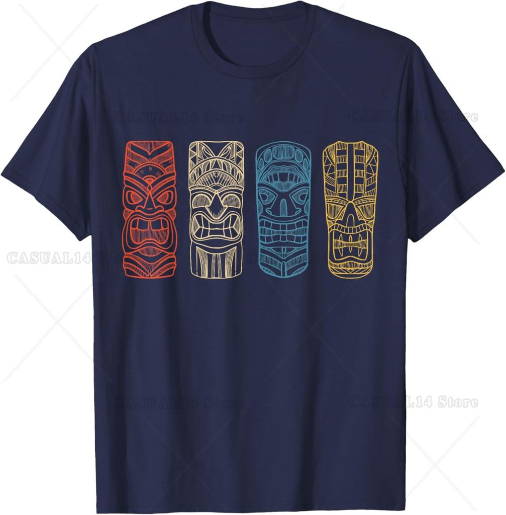 Vintage Tiki Hawaiian Polynesian Mask Four Totems Gift T-Shirt Holiday Beach Short Sleeve Cotton