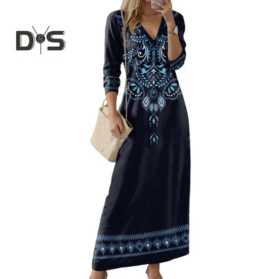 Frühling Herbst Damen Kleid V-Ausschnitt Lange Ärmel A-Linie Digital Blumendruck Dating Maxikleid Alltagskleidung Lockeres Kleid