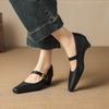 Krazing Pot Microfiber Square Toe Thick Med Heels Spring Summer Shoes Big Size 43 Metal Buckle Women Office Lady Pumps