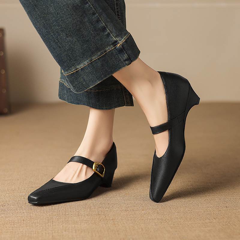 Krazing Pot Microfiber Square Toe Thick Med Heels Spring Summer Shoes Big Size 43 Metal Buckle Women Office Lady Pumps