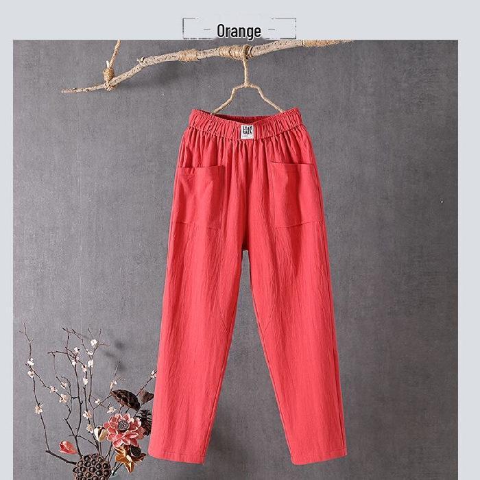Women's 2023 Cotton-Linen Casual Straight Pants, Korean Style, Slim Fit, Lightweight Nine-Point Harem.