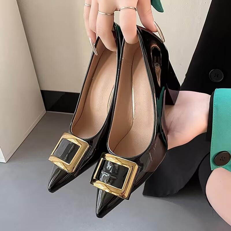 Fashion Women Designer High Heels Shoes Office Patent Shiny Leather Women Pumps Elegant Slip-On Plus Size Heels Women Zapatos De Mujer