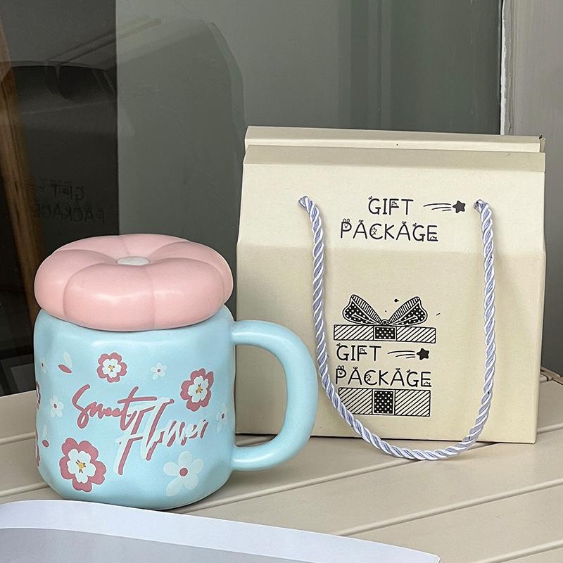Cute Ceramic Cup with Lid High Value Ins Style Household Couple Water Cup Gift Box Creative Hand Gift Mug