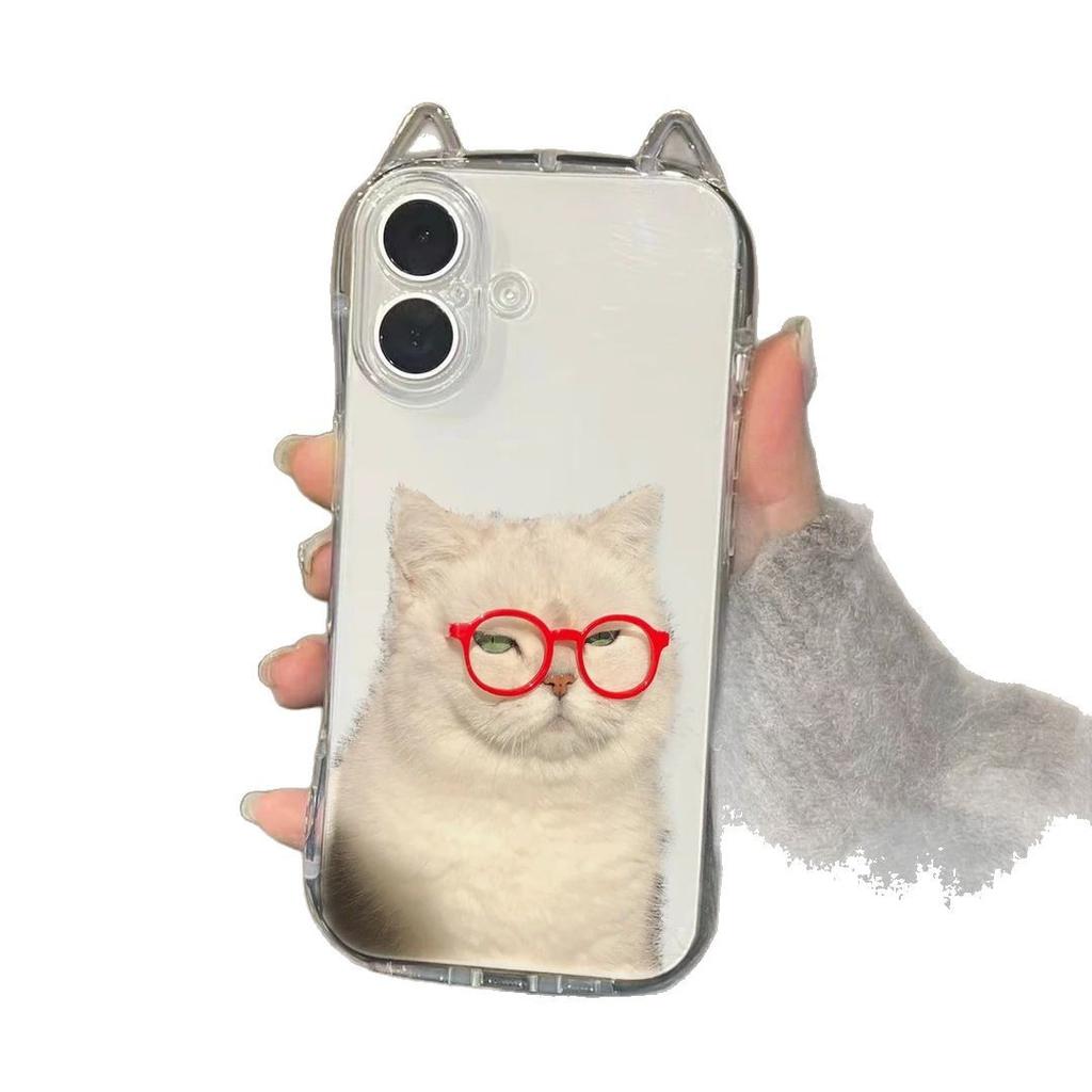 High cold glasses white cat for iPhone17Pro mobile phone case Air cat ears Apple 16 transparent 15 cute 14